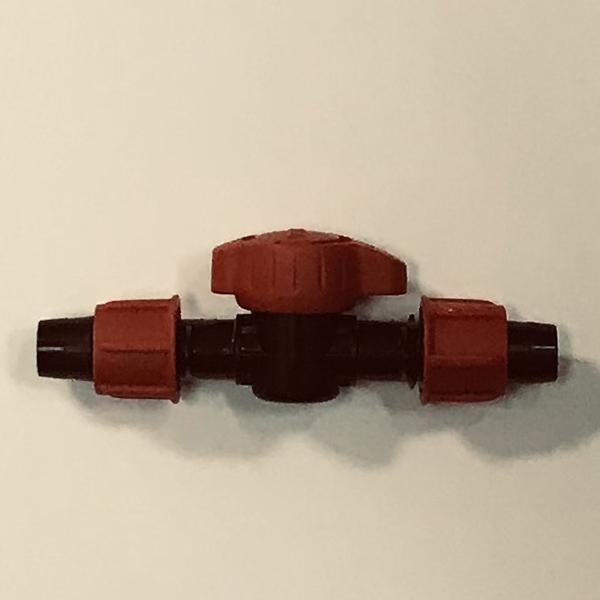 Drip Tape Coupler with Red (Blue) on/off Valve.  Coupling fits 5/8 Standard Tape. F CPT-BV-06-LS Drip Tape Coupler with Red (Blue) on/off Valve.  Coupling fits 5/8 Standard Tape. F CPT-BV-06-LS